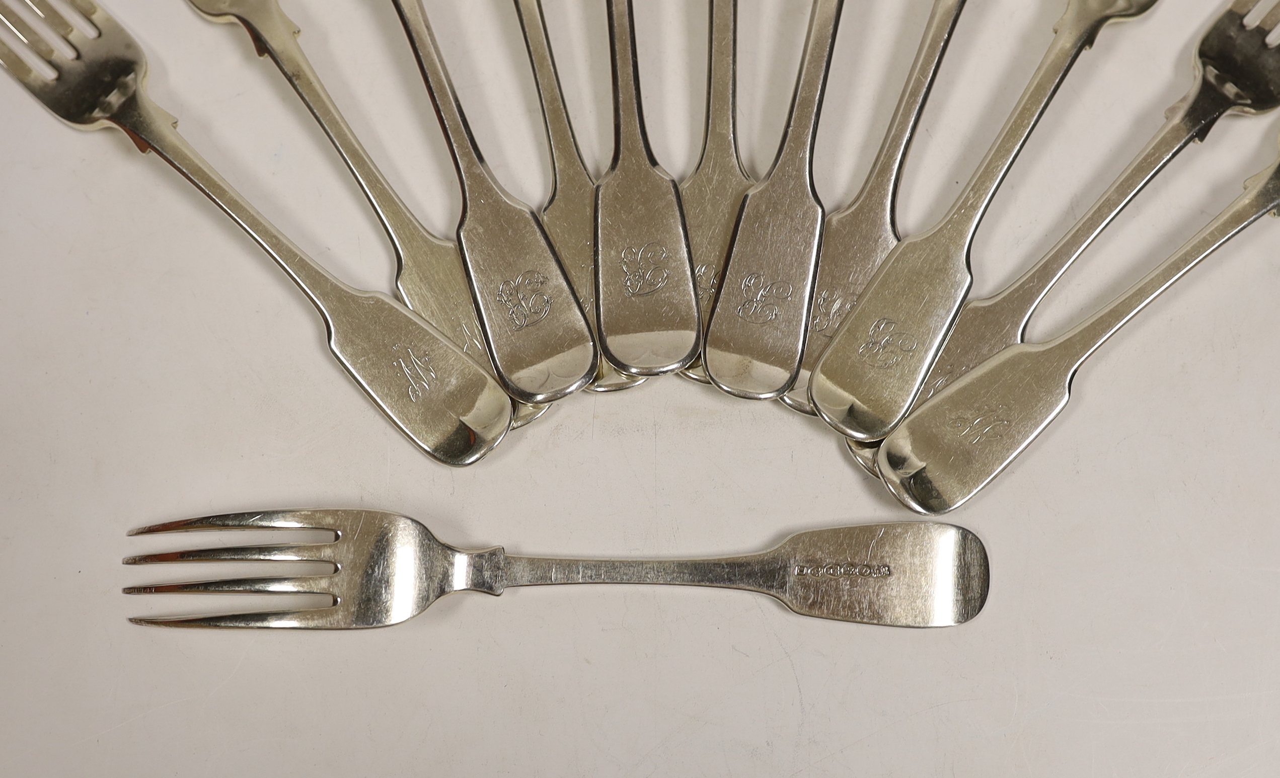 A set of six Victorian silver fiddle pattern table forks, Hayne & Cater, London, 1845, 20.1 and a set of six Victorian provincial silver table forks, Reid & Sons, Newcastle, 1842, 31.1oz.